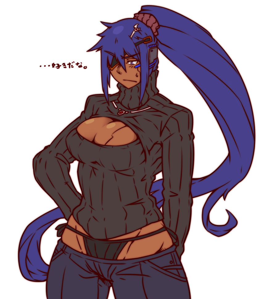 bikini_jeans blue_eyes blue_hair breasts cleavage commentary_request cyborg dark-skinned_female dark_skin denim eyepatch female foxbat_(hutago) headgear highres hutago jeans large_breasts long_hair lowleg lowleg_pants meme_attire one-eyed open-chest_sweater original pants ponytail ribbed_sweater solo sweater translated