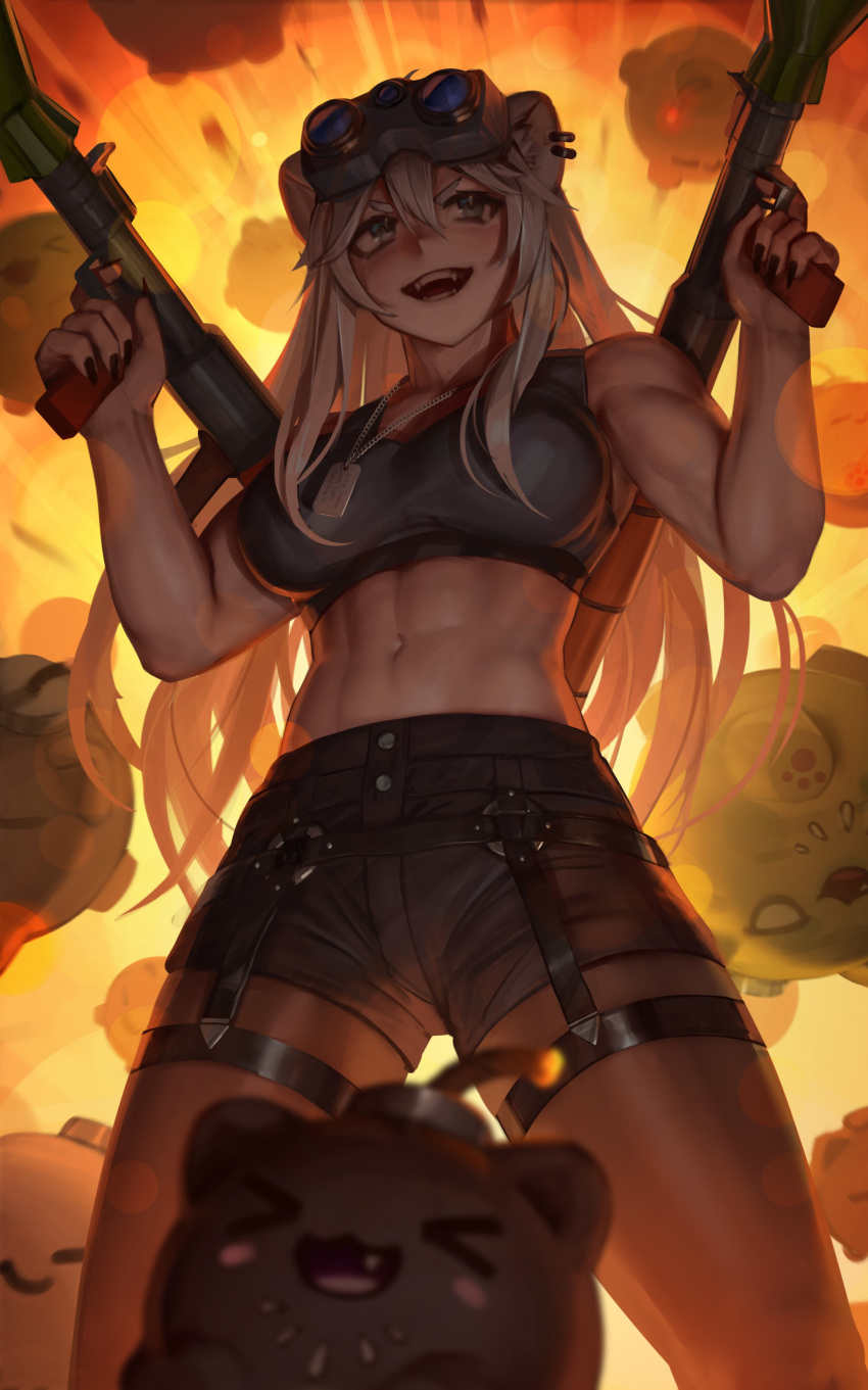 abs absurdres ahoge animal_ear_piercing animal_ears army black_shorts blush breasts cleavage crop_top dual_wielding ear_piercing female goggles goggles_on_head grey_eyes grey_hair gun hair_between_eyes highres holding holding_gun holding_rocket_launcher holding_weapon holofive hololive large_breasts lion_ears lion_girl lion_tail long_hair looking_at_viewer midriff multiple_weapons navel numanoan open_mouth piercing rocket_launcher rpg_(weapon) see-through see-through_cleavage shirt shishiro_botan shishiro_botan_(1st_costume) short_shorts shorts single_leg_pantyhose smile sports_bra ssrb_(shishiro_botan) stomach striped_sports_bra tail vertical-striped_sports_bra virtual_youtuber weapon zipper_skirt