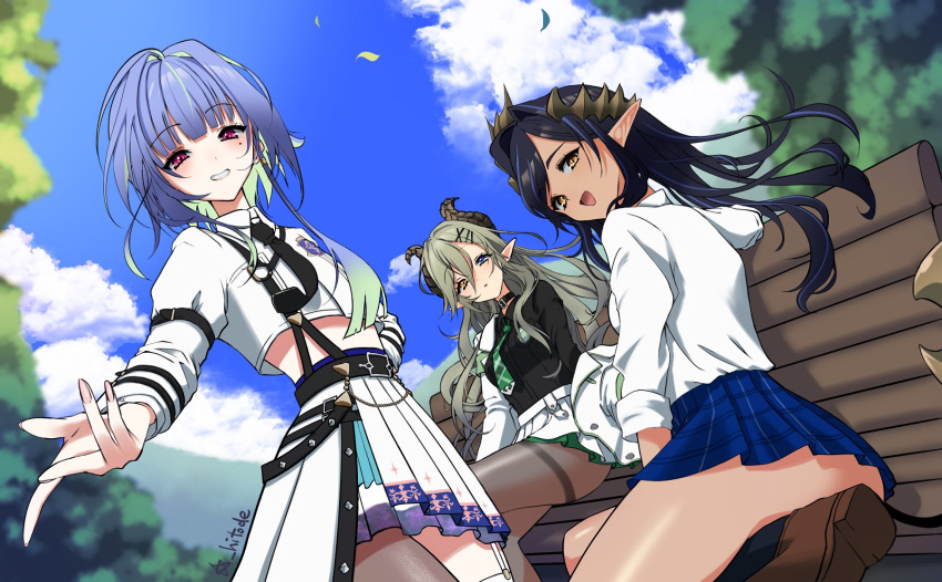 3girls bench black_hair black_necktie black_shirt blue_eyes blue_hair blue_skirt blue_sky blush breasts brown_horns brown_pantyhose cloud collared_shirt commentary_request cowboy_shot crop_top day demon_girl demon_horns demon_tail dutch_angle falling_leaves flat_chest green_hair green_necktie grin hair_between_eyes hair_intakes heterochromia highres horns leaf long_bangs long_hair long_sleeves looking_at_viewer medium_bangs medium_breasts miniskirt mole mole_under_eye multicolored_hair multiple_girls nanashi_inc. necktie official_alternate_costume open_mouth outdoors pantyhose pink_eyes plaid_clothes plaid_skirt pleated_skirt pointy_ears reaching reaching_towards_viewer ryokuoushoku_hitode sekishiro_mico shimamura_charlotte shirt sitting skirt sky smile standing suspender_skirt suspenders suzumi_nemo suzumi_nemo_(3rd_costume) tail tan thighband_pantyhose tree two-tone_hair very_long_hair virtual_youtuber white_shirt white_skirt yellow_eyes