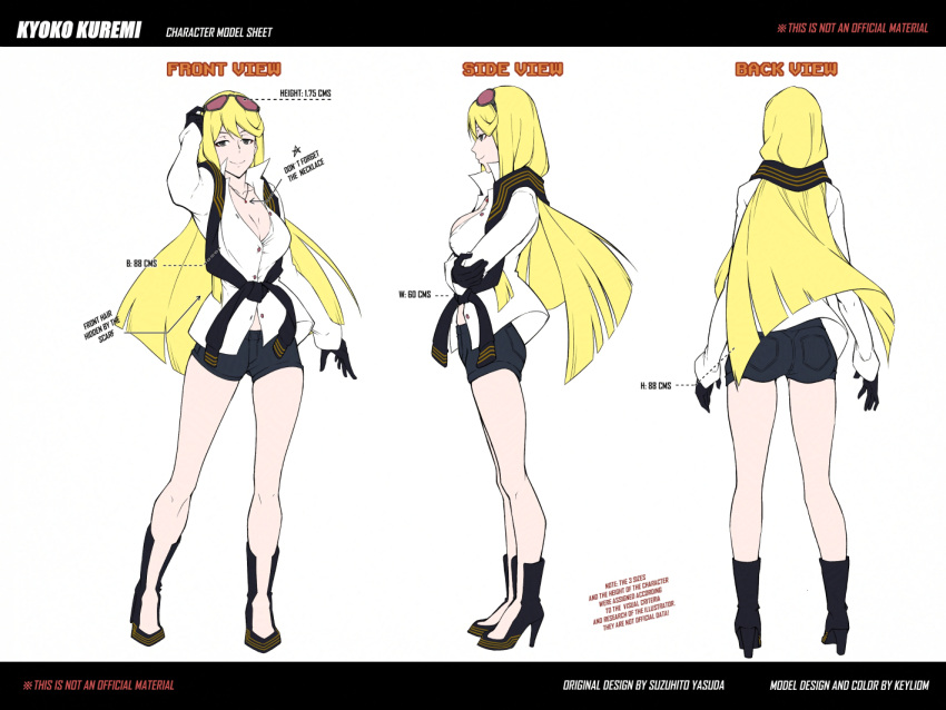 black_gloves black_scarf blonde_hair breasts cleavage digimon digimon_story:_cyber_sleuth digimon_story:_cyber_sleuth_-_hacker's_memory eyewear_on_head female gloves high_heels jewelry keyliom kuremi_kyouko large_breasts long_hair looking_at_viewer necklace no_bra print_footwear print_scarf reference_sheet scarf shirt simple_background smile solo sunglasses white_background white_shirt