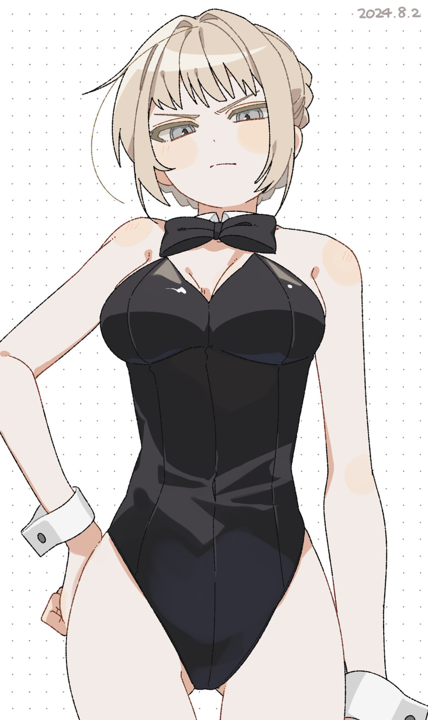 >:( 2024 absurdres ass_visible_through_thighs bare_shoulders black_bow black_bowtie black_leotard blonde_hair body_blush bow bowtie braid breasts cleavage closed_mouth cowboy_shot dated detached_collar elden_ring female frown grey_eyes hair_intakes hand_on_own_hip highres leotard light_blush medium_breasts needle_knight_leda playboy_bunny sahata_saba short_hair solo v-shaped_eyebrows white_wrist_cuffs wrist_cuffs