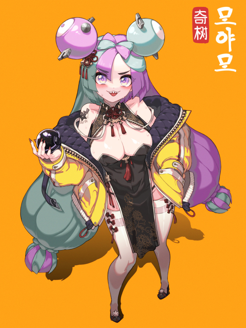 absurdres blue_hair breasts china_dress chinese_clothes cleavage commentary_request dress female highres iono_(pokemon) jacket large_breasts long_hair looking_at_viewer magnemite multicolored_hair open_clothes open_jacket open_mouth orange_background orangekun0807 poke_ball pokemon pokemon_sv purple_eyes purple_hair red_dress sharp_teeth simple_background solo split-color_hair teeth thighhighs twintails upper_teeth_only waist_poke_ball white_thighhighs yellow_jacket zipper