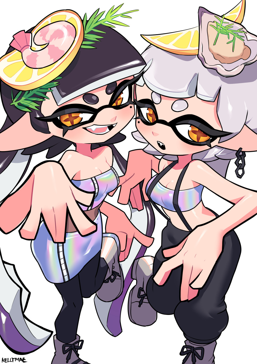 2girls absurdres alternate_costume callie_(splatoon) earrings fangs food food_on_head fruit highres holographic_clothing inkling iridescent jewelry kellymae lemon lemon_slice looking_at_viewer marie_(splatoon) mole mole_under_eye multiple_girls object_on_head official_alternate_costume oyster shrimp single_earring splatoon_(series) splatoon_3 tentacle_hair