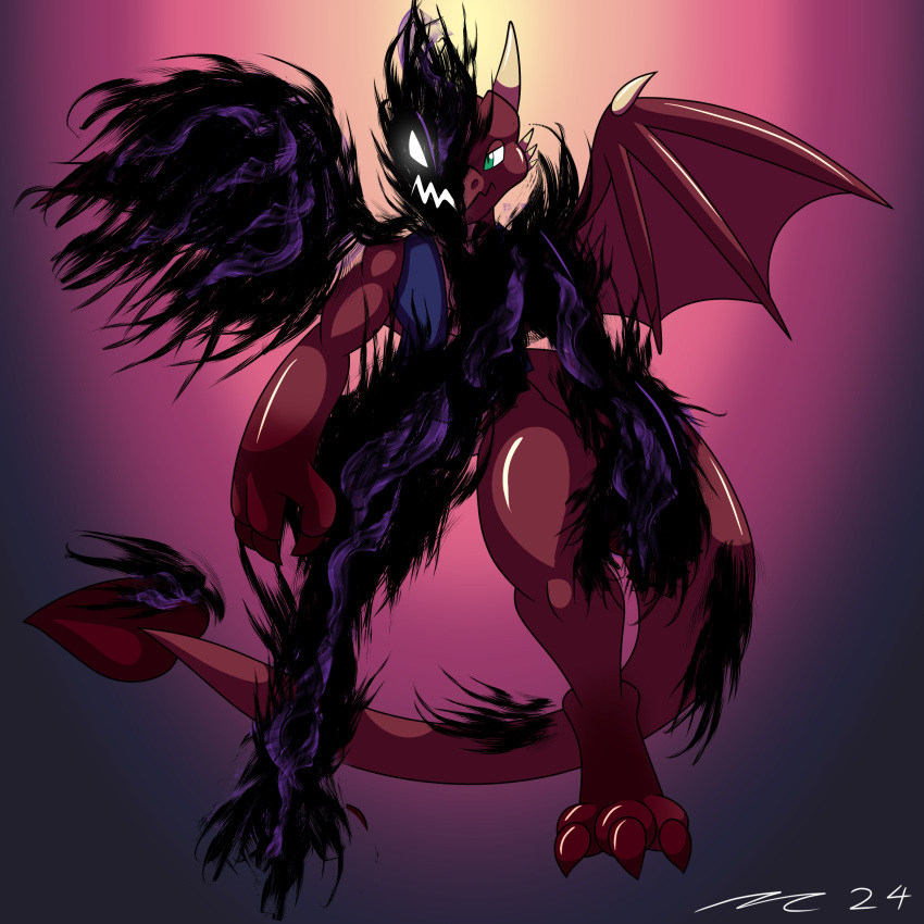 absurd_res anthro beast_(disambiguation) clothing dirtymac dragon green_eyes hi_res mac-daddy male mythological_creature mythological_scalie mythology red_body scalie shadow shadow_creature shape_shifter shapeshift tail topwear transformation vest wings