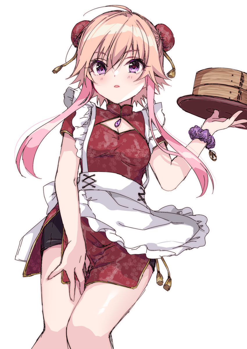 absurdres ahoge apron baozi black_shorts breasts bun_cover china_dress chinese_clothes cleavage_cutout clothing_cutout cowboy_shot cross-laced_apron dress female food frilled_apron frills hair_between_eyes hair_flaps hand_on_own_thigh highres holding idolmaster idolmaster_cinderella_girls looking_at_viewer multicolored_hair ninomiya_asuka nuno_kire orange_hair parted_lips pink_hair purple_eyes purple_scrunchie red_dress scrunchie short_hair_with_long_locks short_shorts short_sleeves shorts side_slit simple_background small_breasts solo two-tone_hair white_apron white_background wrist_scrunchie