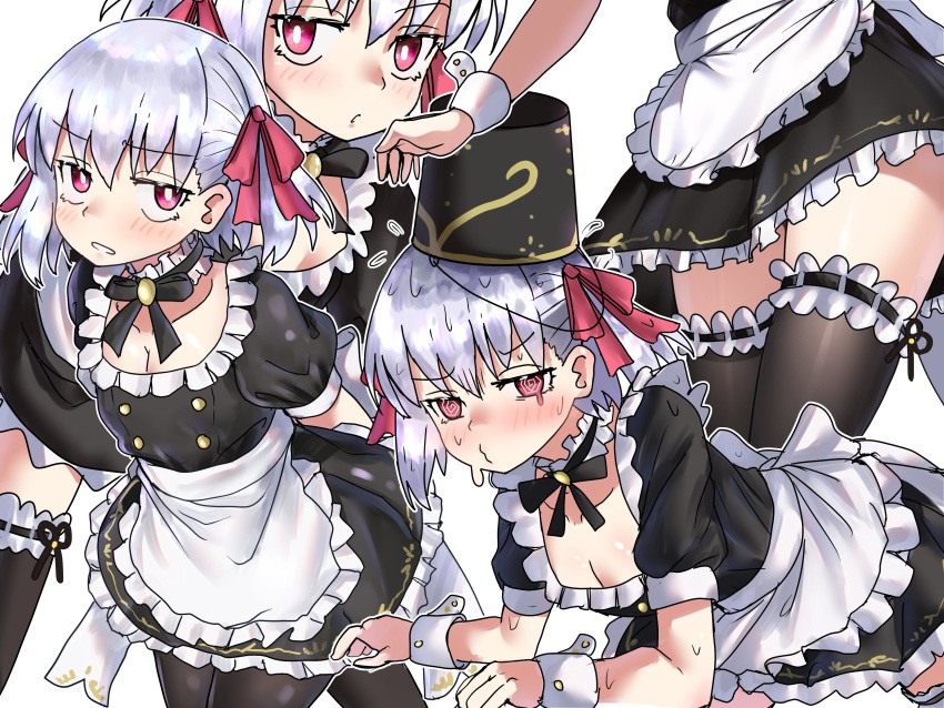 @_@ absurdres alternate_costume apron black_dress black_thighhighs blush breasts brooch bucket buttons choker collarbone double-breasted dress ebora enmaided fate/grand_order fate/grand_order_arcade fate_(series) female frilled_choker frills hair_ribbon highres jewelry kama_(fate) kama_(mistake)_(fate) kama_(mistake)_(second_ascension)_(fate) looking_at_viewer maid maid_headdress multiple_views puffy_short_sleeves puffy_sleeves red_eyes ribbon short_hair short_sleeves small_breasts tearing_up thighhighs thighs waist_apron wet white_apron white_hair wrist_cuffs