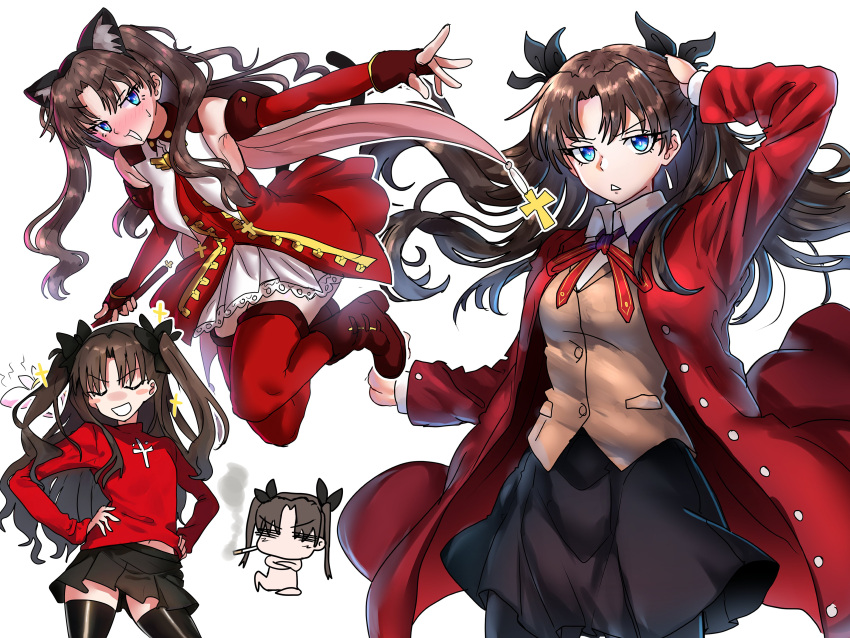 absurdres animal_ears black_skirt blue_eyes boots breasts brown_hair cat_ears cat_tail chibi closed_eyes coat dress ebora fate/hollow_ataraxia fate/kaleid_liner_prisma_illya fate/stay_night fate_(series) female hair_ribbon highres kaleido_ruby long_hair long_sleeves looking_at_viewer magical_ruby medium_breasts multiple_views open_mouth parted_bangs red_coat red_dress red_sweater ribbon skirt smile smoking sweater sweater_vest tail tohsaka_rin two_side_up