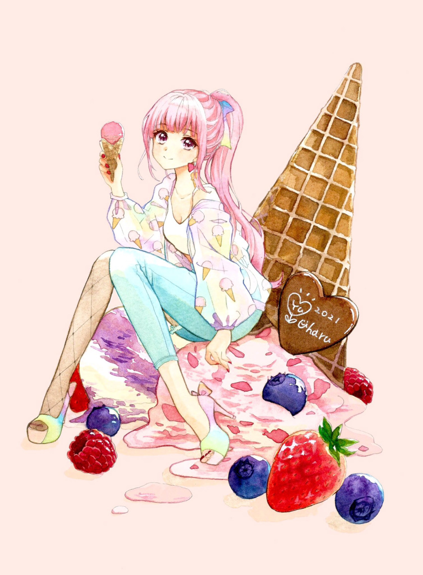 arched_bangs artist_name asymmetrical_legwear blueberry bow breasts cleavage closed_mouth crop_top denim female fishnet_pantyhose fishnets food fruit full_body hairbow heart high_heels highres holding holding_food holding_ice_cream ice_cream ice_cream_print jacket long_hair long_sleeves looking_at_viewer multicolored_bow multicolored_footwear nail_polish open_clothes open_jacket original oversized_food oversized_object painting_(medium) pantyhose pink_background pink_eyes pink_hair ponytail puffy_long_sleeves puffy_sleeves raspberry red_bow see-through see-through_jacket shirt simple_background sitting sitting_on_food small_breasts smile solo strawberry three_quarter_view traditional_media watercolor_(medium) white_shirt yuyuharu_1027