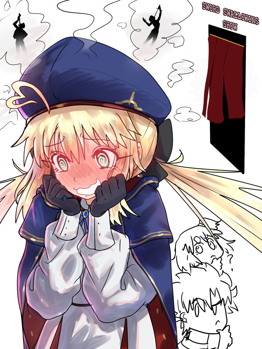 1boy 2girls ? @_@ absurdres ahoge artoria_caster_(fate) artoria_caster_(second_ascension)_(fate) artoria_pendragon_(fate) beret black_gloves blonde_hair blue_cape blue_hat blush breasts buttons cape chibi double-breasted dress ebora fate/grand_order fate_(series) fujimaru_ritsuka_(female) fujimaru_ritsuka_(male) full-face_blush gloves green_eyes hat heart heart_ahoge highres hood hooded_cape long_hair long_sleeves multicolored_cape multicolored_clothes multiple_girls open_mouth red_cape small_breasts smile sword_swallowing twintails white_dress