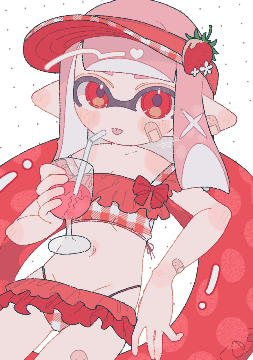 bandaid bandaid_on_arm bandaid_on_cheek bandaid_on_ear bandaid_on_face bandaid_on_thigh bikini bikini_skirt blush body_blush bow bow_bikini breasts cleavage cup dot_nose drink drinking_glass drinking_straw ear_blush female food fruit fruit_hat_ornament groin highres holding holding_cup holding_drink inkling inkling_girl inkling_player_character innertube long_hair navel pink_hair plaid_bikini plaid_clothes pointy_ears red_bow red_eyes red_innertube sahata_saba solo splatoon_(series) strawberry strawberry_hat_ornament swim_ring swimsuit tentacle_hair tongue tongue_out visor_cap