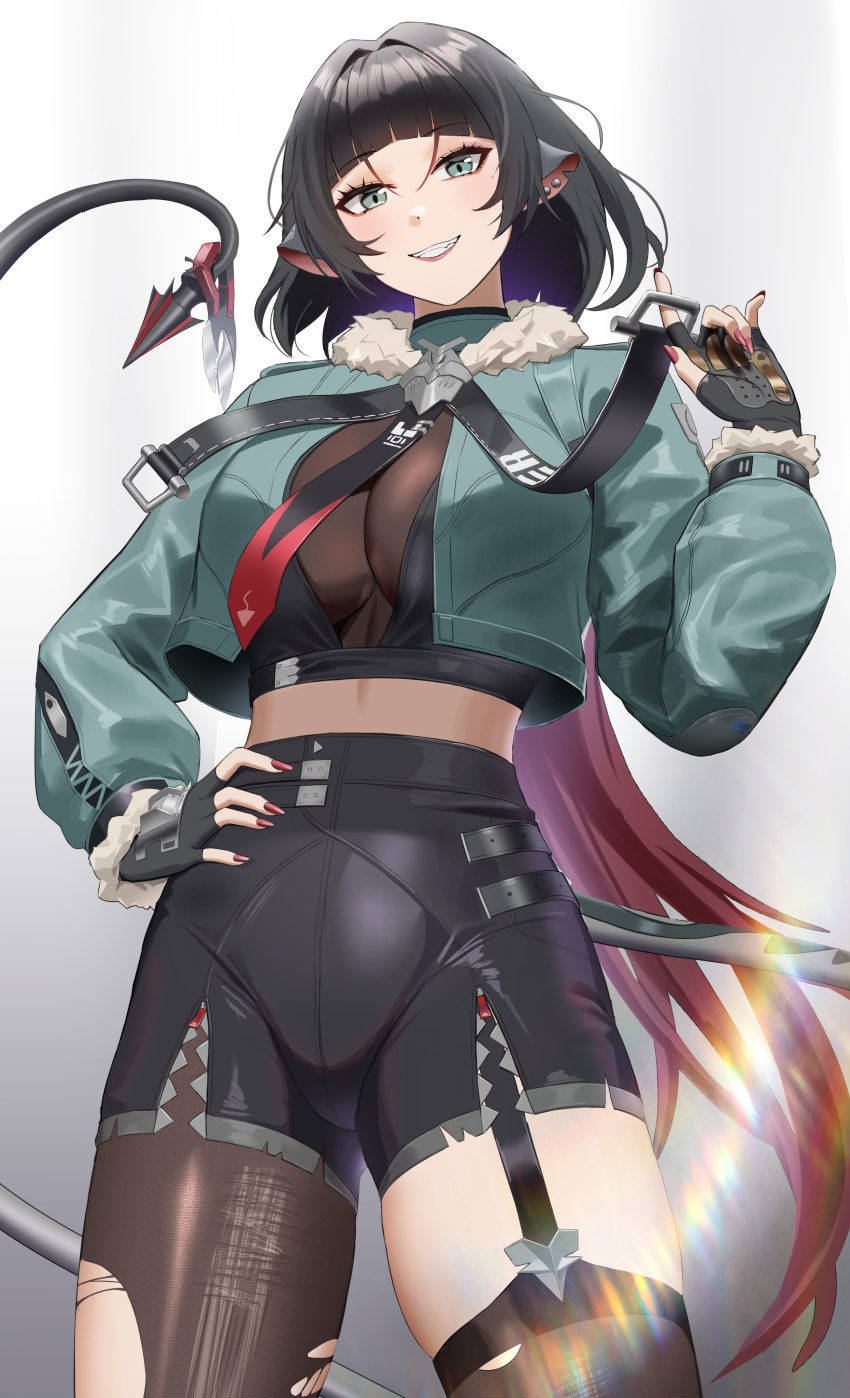 absurdres anoreika_tomoe black_shorts blunt_bangs blush breasts clenched_teeth cowboy_shot female fur-trimmed_jacket fur_trim green_eyes green_hair green_jacket highres jacket jane_doe_(zenless_zone_zero) large_breasts long_hair looking_at_viewer multicolored_hair red_hair shorts sidelocks small_breasts solo tail teeth two-tone_hair zenless_zone_zero