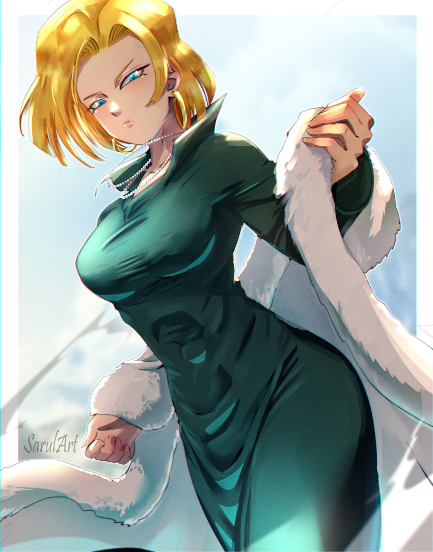 absurdres android_18 artist_name bead_necklace beads blonde_hair blue_eyes breasts cloak commentary cosplay covered_nipples dragon_ball dragon_ball_z dress earrings female fubuki_(one-punch_man) fubuki_(one-punch_man)_(cosplay) fur_cloak green_dress highres hoop_earrings jewelry large_breasts long_dress long_sleeves medium_hair necklace one-punch_man sarulart signature solo symbol-only_commentary