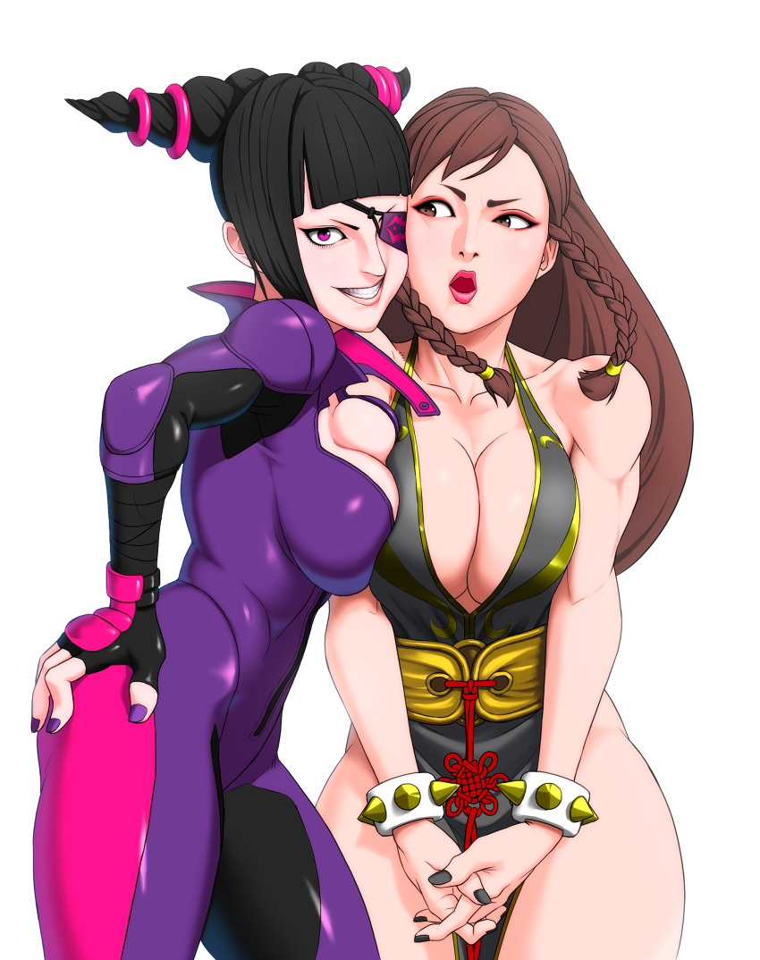 2girls absurdres asymmetrical_docking bare_shoulders black_dress black_hair bodysuit breast_press breasts cheek-to-cheek chinese_clothes chun-li cleavage dress drill_hair fingerless_gloves gloves heads_together highres juri_han large_breasts lipstick long_hair looking_at_viewer makeup medium_breasts multiple_girls nail_polish official_alternate_costume open_mouth pelvic_curtain photoshop_(medium) purple_eyes ryohhe short_hair simple_background smile street_fighter street_fighter_v twin_drills white_background