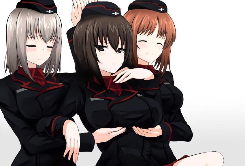 3girls ^_^ aikir_(jml5160) black_eyes black_hair black_headwear breast_lift breasts closed_eyes closed_mouth girls_und_panzer grey_hair hands_up hat highres itsumi_erika kuromorimine_military_uniform large_breasts long_sleeves medium_hair meme military military_uniform multiple_girls nishizumi_maho nishizumi_miho orange_hair parody servants_holding_aphrodite's_breasts_(meme) shuumatsu_no_valkyrie simple_background smile tanaka_rie uniform upper_body voice_actor_connection white_background wing_collar