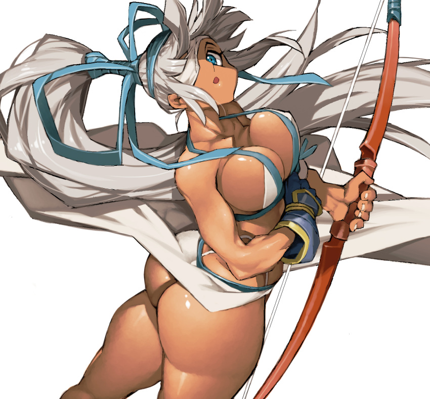 ass bandage_over_one_eye blue_eyes bow_(weapon) breasts cleavage dark-skinned_female dark_skin eyepatch female gloves highres large_breasts long_hair looking_at_viewer looking_back majikina_mina open_mouth partially_fingerless_gloves ponytail samurai_spirits sarong side-tie_skirt simple_background tan thong tied_hair weapon white_background white_hair white_sarong ysk!