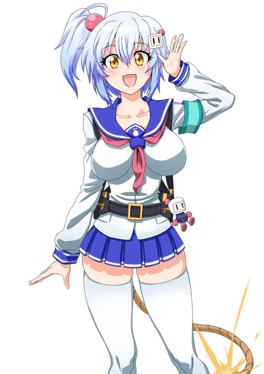 :d arm_at_side armband blue_hair blue_sailor_collar blue_skirt bombergirl bomberman breasts brown_tail character_hair_ornament collarbone female fuse fuse_tail gradient_hair hair_between_eyes hair_bobbles hair_ornament hand_up highres large_breasts legs_apart light_blue_hair lit_fuse long_sleeves looking_at_viewer miniskirt multicolored_hair one_side_up open_mouth pansy_orchid pleated_skirt sailor_collar school_uniform serafuku shiro_(bombergirl) shirt short_hair simple_background skindentation skirt smile solo tail thighhighs thighs white_background white_bomberman white_shirt white_thighhighs yellow_eyes zettai_ryouiki