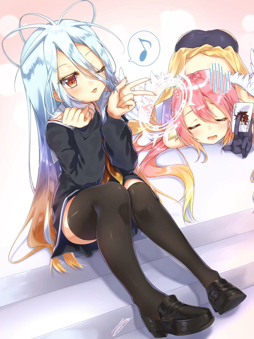 2girls ;p absurdres amatsuji angel animal_ears ass bird_ears black_footwear black_gloves black_legwear black_panties blue_hair blue_serafuku blush brown_hair cameo card closed_eyes commentary_request elbow_gloves feathered_wings fingernails full_body gloves gradient_background gradient_hair hair_between_eyes halo highres holding holding_card jibril_(no_game_no_life) joker_(playing_card) knees_together_feet_apart loafers long_fingernails long_hair long_sleeves low_wings magic_circle messy_hair midriff multicolored_hair multiple_girls musical_note neckerchief no_game_no_life one_eye_closed open_mouth panties pink_background pink_hair playing_card purple_legwear red_eyes sailor_collar sash school_uniform serafuku shadow shiro_(no_game_no_life) shoes sidelocks signature single_elbow_glove single_thighhigh sitting smile sora_(no_game_no_life) spiked_halo spoken_musical_note stairs thighhighs tongue tongue_out top-down_bottom-up torn_clothes torn_gloves underwear v white_sailor_collar white_wings wing_ears wings yellow_neckerchief zettai_ryouiki