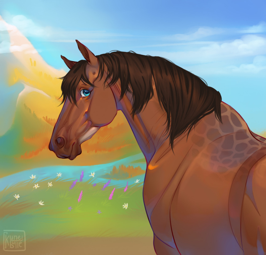 2022 ambiguous_gender blue_eyes brown_body brown_hair brown_mane digital_media_(artwork) dolero equid equine feral grass hair half-length_portrait hi_res horse kanelbulle looking_at_viewer looking_back looking_back_at_viewer mammal mane mountain plant portrait simple_background solo