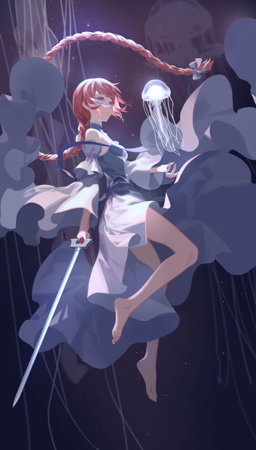 absurdly_long_hair bare_shoulders barefoot blue_eyes bow braid breasts commentary commission detached_sleeves dress english_commentary female full_body hairbow highres holding holding_sword holding_weapon jellyfish long_braid long_hair original pink_hair small_breasts solo sword tsuki-shigure very_long_hair weapon white_dress wide_sleeves