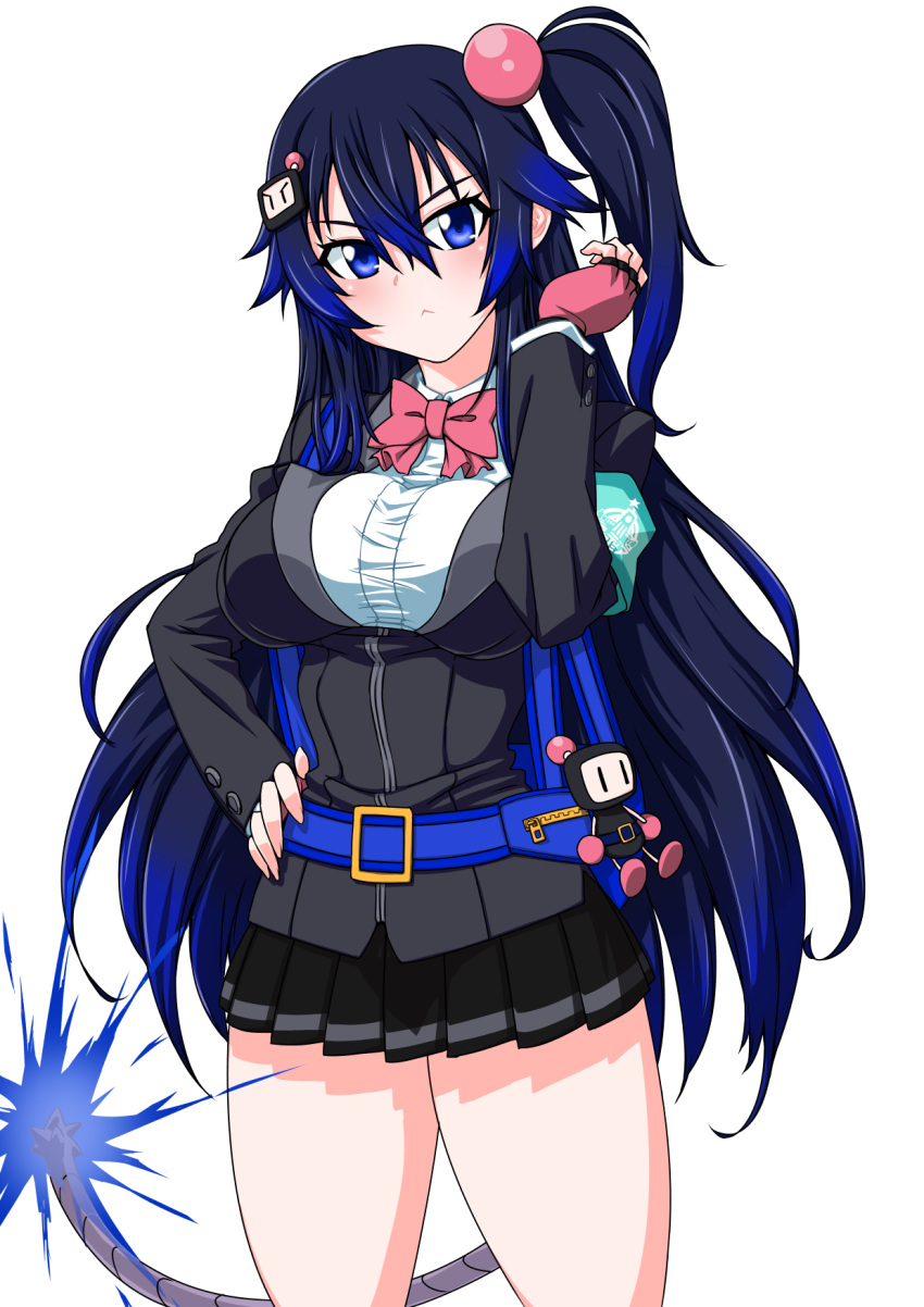 :< armband black_bomberman black_hair black_skirt blue_eyes blue_hair bombergirl bomberman bow bowtie breasts character_hair_ornament closed_mouth collared_shirt cowboy_shot female fingerless_gloves fuse fuse_tail gloves gradient_hair grey_jacket grey_tail hair_between_eyes hair_bobbles hair_ornament hand_on_own_hip hand_up highres jacket kuro_(bombergirl) large_breasts lit_fuse long_hair long_sleeves miniskirt multicolored_hair one_side_up pansy_orchid pink_bow pink_bowtie pink_gloves pleated_skirt shirt simple_background skirt solo tail two-tone_hair white_background white_shirt zipper zipper_pull_tab