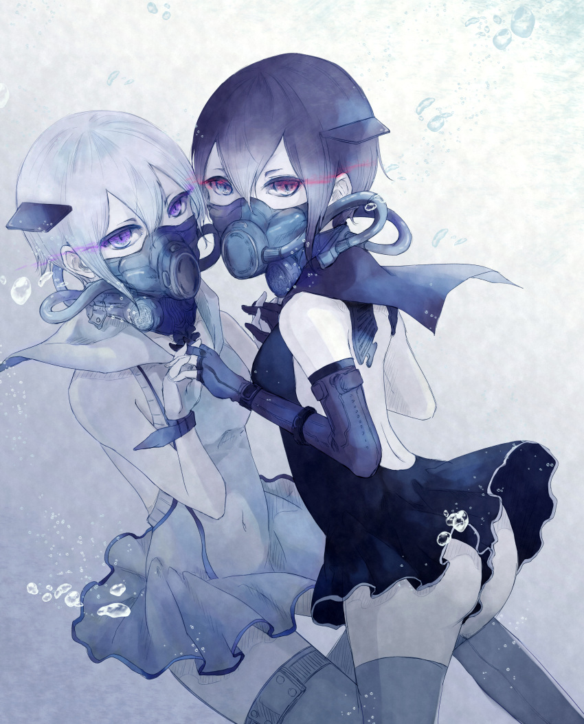 2girls absurdres abyssal_ship abyssal_twin_princess_(black) abyssal_twin_princess_(white) black_hair breasts c_aracr covered_navel glowing glowing_eyes highres holding_hands kantai_collection looking_at_viewer mask mouth_mask multiple_girls purple_eyes red_eyes small_breasts thighhighs white_hair