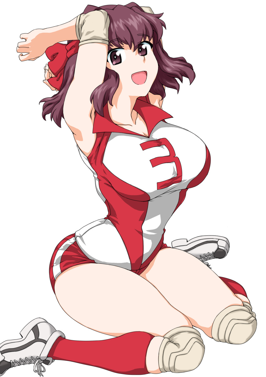 :d absurdres arms_up breasts cleavage female girls_und_panzer hair_between_eyes highres knee_pads kneehighs kondou_taeko large_breasts looking_at_viewer open_mouth pansy_orchid purple_eyes purple_hair red_socks shoelaces shoes short_hair simple_background sitting sleeveless smile socks solo sportswear thighs volleyball_uniform white_background white_footwear