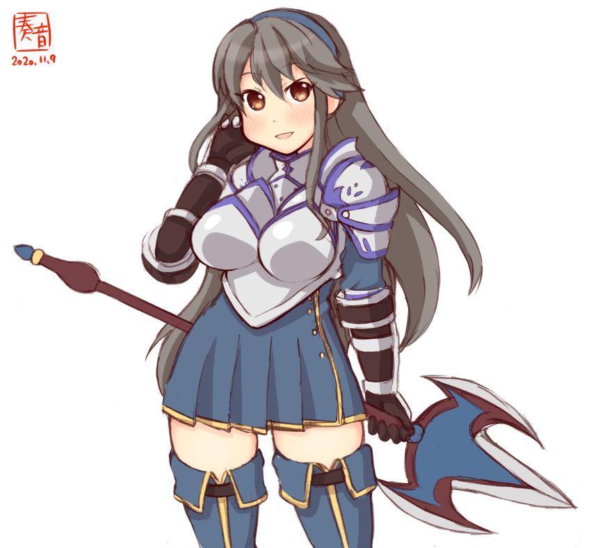 anemone_(flower_knight_girl) anemone_(flower_knight_girl)_(cosplay) armor artist_logo black_gloves black_hair blue_hairband blue_skirt blue_thighhighs boots breastplate brown_eyes commentary_request cosplay cowboy_shot dated female flower_knight_girl gauntlets gloves hairband haruna_(kancolle) highres kanon_(kurogane_knights) kantai_collection long_hair polearm simple_background skirt solo thigh_boots thighhighs weapon white_background