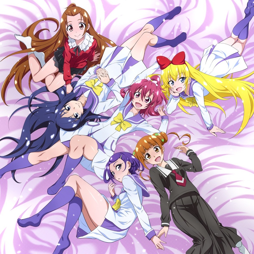 6+girls aida_mana arm_support bed_sheet black_shirt black_skirt blonde_hair blouse blue_hair bow bowtie brown_hair closed_mouth collared_shirt commentary_request crossed_ankles dokidoki!_precure dress from_above hair_ornament hair_pulled_back hairbow hairclip head_rest highres hishikawa_rikka interlocked_fingers kenzaki_makoto kneehighs legs long_hair looking_at_viewer looking_back lying madoka_aguri medium_hair medium_skirt multiple_girls nakahira_guy necktie no_shoes on_bed on_stomach oogai_daiichi_middle_school_uniform open_mouth own_hands_together pleated_skirt precure purple_hair purple_legwear purple_sailor_collar red_hair red_necktie regina_(dokidoki!_precure) sailor_collar sailor_dress school_uniform shirt short_hair short_ponytail sitting skirt smile socks thighs very_long_hair white_dress yellow_bow yellow_bowtie yokozuwari yotsuba_alice