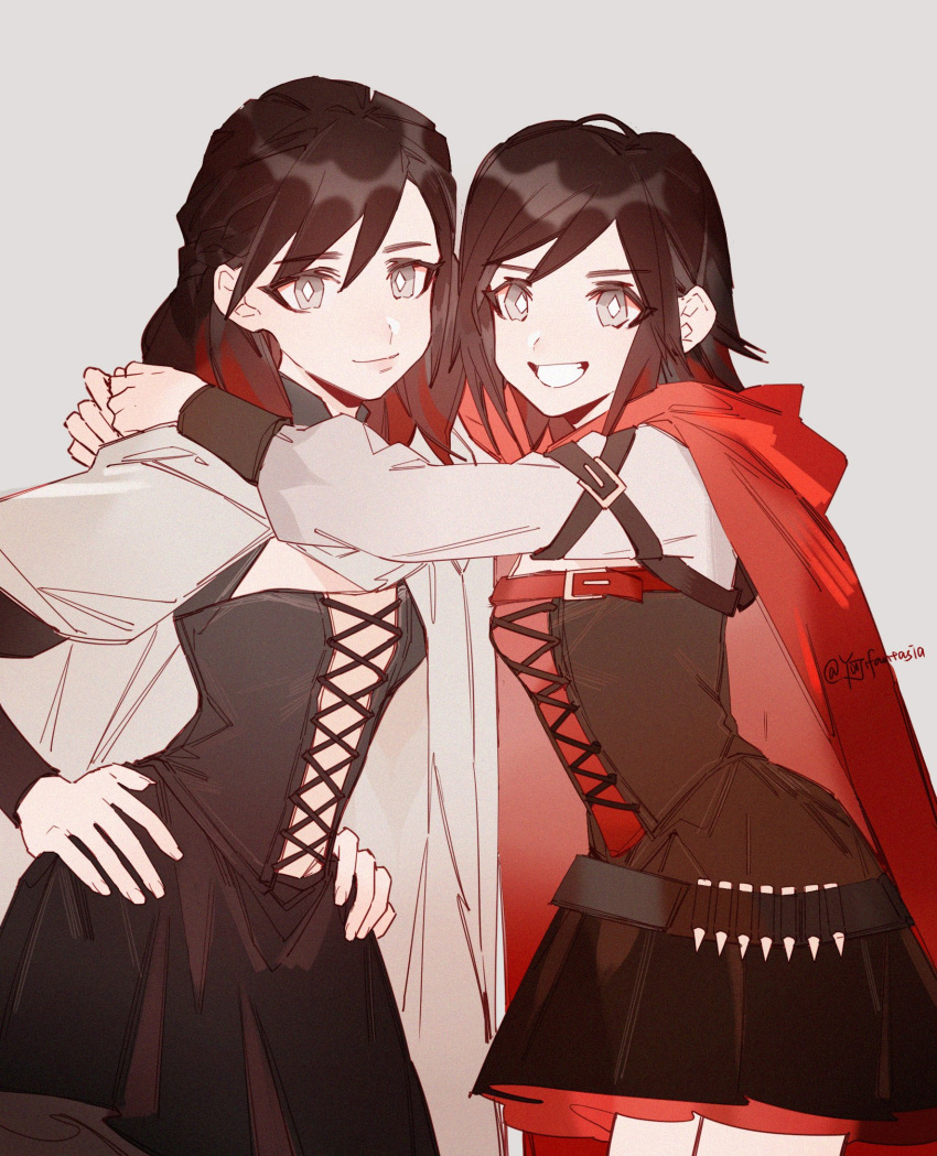 2girls belt black_hair bullet cape corset grey_background hair_between_eyes hands_on_own_hips highres hug long_sleeves looking_at_viewer mother_and_daughter multicolored_hair multiple_girls red_cape red_hair ruby_rose rwby simple_background summer_rose teeth twitter_username watermark yuji_(fantasia)