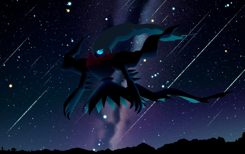 aqua_eyes blue_eyes blue_sclera bright_pupils colored_sclera commentary_request dark darkrai floating floating_hair from_side glowing glowing_eyes komepan looking_up night no_humans outdoors pokemon pokemon_(creature) shooting_star sky smoke solo star_(sky) whisp white_hair white_pupils