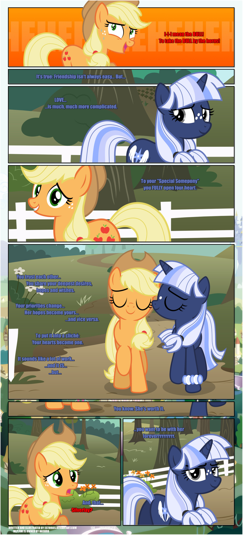 absurd_res applejack_(mlp) ass bangs black_border border bracelet canon_x_oc clothing cowboy_hat cutie_mark dialogue duo ears_up earth_pony epilogue equid equine estories female fence feral flower freckled_face freckles friendship_is_magic hasbro hat headgear headwear hi_res horn horse jewelry looking_back mammal my_little_pony mythological_creature mythological_equine mythology nervous open_mouth plant pony shrub silverlay_(estories) smile sweet_apple_acres tree unicorn walking white_fence