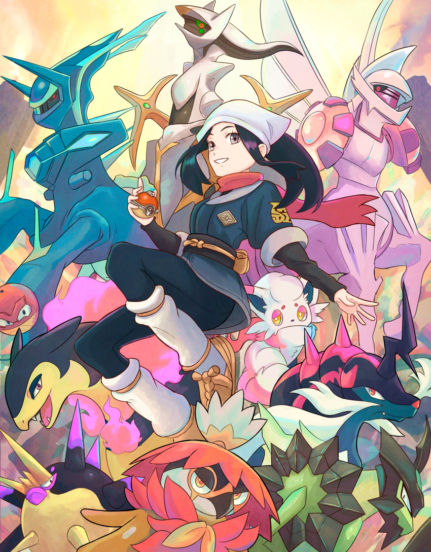 absurdres akari_(pokemon) arceus beak bird black_hair dialga dialga_(origin) feather_hair feathers female floating_hair floating_scarf full_body galaxy_expedition_team_survey_corps_uniform grey_eyes head_scarf highres hisuian_decidueye hisuian_samurott hisuian_typhlosion hisuian_voltorb hisuian_zorua holding holding_poke_ball kleavor looking_at_viewer loose_socks overqwil owl palkia palkia_(origin) plume poke_ball poke_ball_(basic) pokemon pokemon_(creature) pokemon_legends:_arceus red_feathers scarf smile socks teeth truejekart white_feathers winged_arms wings