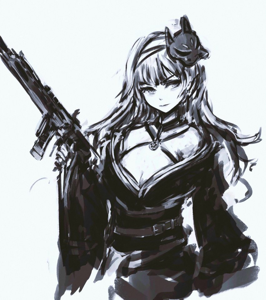 absurdres apex_legends assault_rifle belt breasts cleavage female fox_mask grey_background greyscale gun head_tilt highres holding holding_gun holding_weapon japanese_clothes kimono looking_to_the_side makurano_neena mask mask_on_head merpperoni monochrome off_shoulder production_kawaii r-301_carbine rifle smile solo v-shaped_eyebrows virtual_youtuber weapon