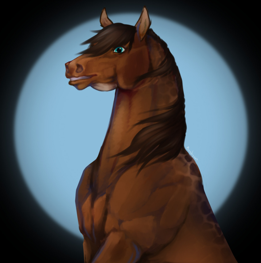 2022 ambiguous_gender baskyart blue_eyes brown_body brown_hair brown_mane digital_media_(artwork) dolero equid equine feral hair half-length_portrait hi_res horse looking_at_viewer male_(lore) mammal mane portrait simple_background solo teeth