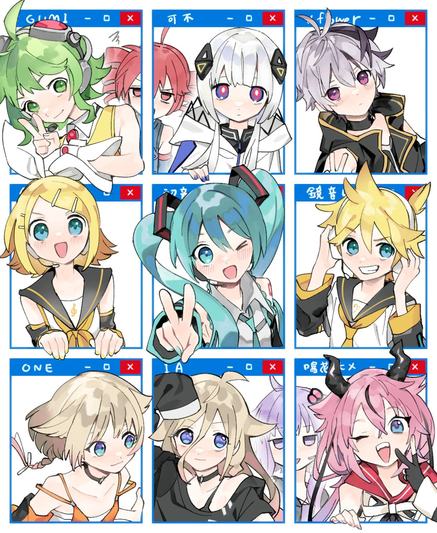 >_o 1boy 1other 6+girls ahoge annoyed aqua_eyes aqua_hair aqua_nails aqua_necktie bare_arms bare_shoulders bass_clef black_gloves black_jacket black_sailor_collar black_shirt black_sleeves blonde_hair blue_eyes blue_nails blue_shirt blue_sleeves bow braid brooch cevio choker coat collar collarbone collared_shirt commentary criss-cross_halter detached_sleeves drill_hair elbow_gloves empty_eyes flower_(vocaloid) flower_(vocaloid4) gloves goggles goggles_on_head green_eyes green_hair grey_shirt grid grin gumi hair_flaps hair_ornament hairbow hairclip halterneck hands_on_headphones hands_up hatsune_miku headphones headset highres horns ia_(vocaloid) jacket jewelry kafu_(cevio) kagamine_len kagamine_rin kamitsubaki_studio kasane_teto light_brown_hair long_hair looking_at_viewer meika_hime multicolored_eyes multicolored_hair multiple_drawing_challenge multiple_girls nail_polish neckerchief necktie one_(cevio) one_eye_closed open_mouth partially_fingerless_gloves pendant_choker purple_eyes purple_hair red_collar red_eyes red_goggles red_hair ringed_eyes sailor_collar sarashi shirt short_hair short_ponytail short_sleeves shoulder_tattoo single_elbow_glove sleeveless sleeveless_jacket sleeveless_shirt sleeves_past_fingers sleeves_past_wrists smile soyaka spaghetti_strap spiked_hair squiggle streaked_hair swept_bangs tattoo translated treble_clef twin_drills twintails upper_body utau v v-shaped_eyebrows very_long_hair vocaloid voiceroid white_bow white_coat white_hair white_shirt window_(computing) wrist_cuffs yellow_nails yellow_neckerchief yellow_necktie yellow_shirt yuzuki_yukari