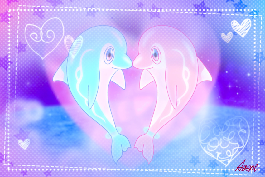 2023 3:2 abstract_background agent_0730 ambiguous_gender blue_body blue_eyes countershade_torso countershading digital_media_(artwork) dorsal_fin duo feral fin finizen generation_9_pokemon heart_symbol hi_res marine markings multicolored_body nintendo nude pink_body pokemon pokemon_(species) shaded signature snout soft_shading tail