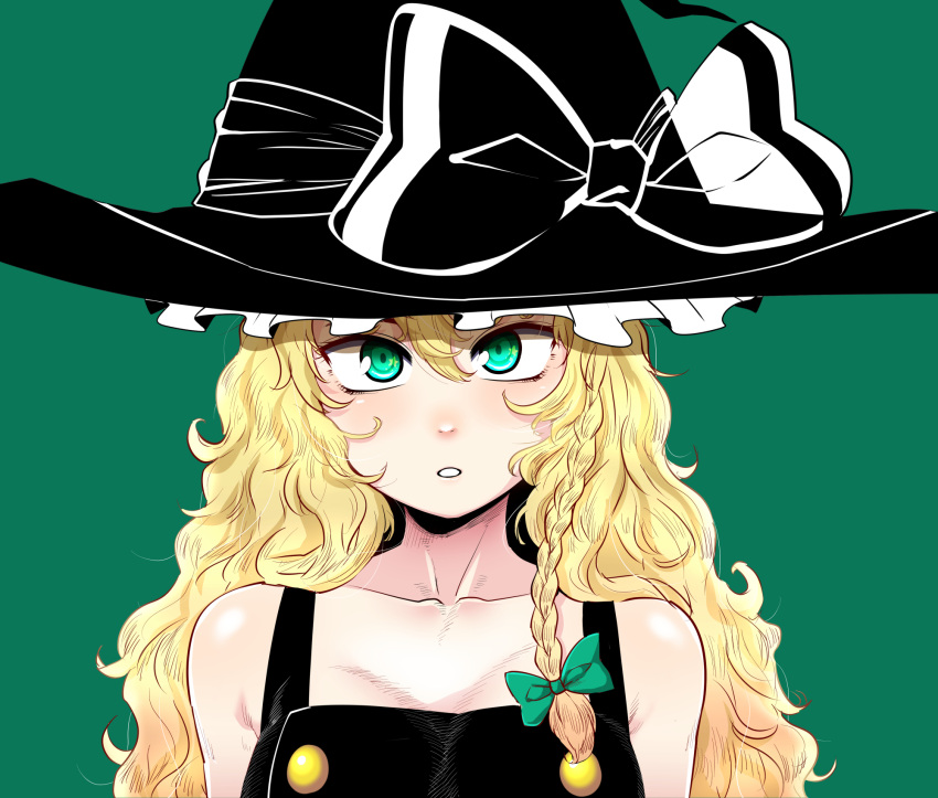 adapted_costume alternate_costume alternate_eye_color amazon_(taitaitaira) arms_at_sides black_hat blonde_hair blush bow braid breasts cleavage collarbone expressionless eyelashes female green_background green_eyes hair_between_eyes hat hat_bow hat_ribbon head_tilt highres kirisame_marisa long_hair looking_at_viewer naked_vest neck parted_lips pink_lips ribbon shiny_skin sidelocks simple_background single_braid solo touhou transparent_ribbon upper_body very_long_hair vest witch_hat