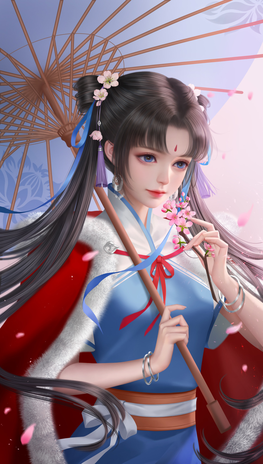 absurdres blue_eyes branch brown_hair cape cherry_blossoms closed_mouth double_bun facial_mark female forehead_mark hair_bun hei_yu_xing_cheng highres holding holding_umbrella long_hair pink_background red_cape ribbon second-party_source short_sleeves solo twintails umbrella upper_body xianjian_qixia_zhuan zhao_linger