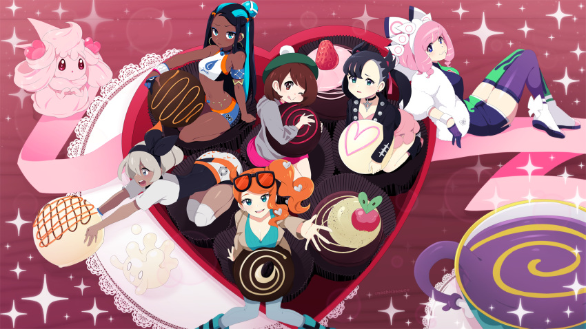 6+girls ahoge alcremie alcremie_(love_sweet) alcremie_(ruby_cream) applin aqua_eyes aqua_shirt bea_(pokemon) black_choker black_hair blue_hair bob_cut brown_coat brown_hair chocolate choker coat commentary_request dark-skinned_female dark_skin drill_hair earrings eyewear_on_head flipped_hair food fruit glasses gloria_(pokemon) grey_hair hair_bun hair_ornament hairband hat heart heart_hair_ornament highres hoop_earrings in_container in_food jewelry klara_(pokemon) long_hair marnie_(pokemon) milcery mole mole_under_eye mole_under_mouth multicolored_hair multiple_girls nashirasauce navel nessa_(pokemon) one_eye_closed orange-tinted_eyewear orange_hair parted_hair pink_hair pink_lips pokemon pokemon_(creature) pokemon_swsh ribbed_shirt shirt short_hair shorts side_ponytail sinistea sitting sonia_(pokemon) sparkle_background strawberry sunglasses tinted_eyewear twin_drills twitter_username two-tone_hair v-neck valentine