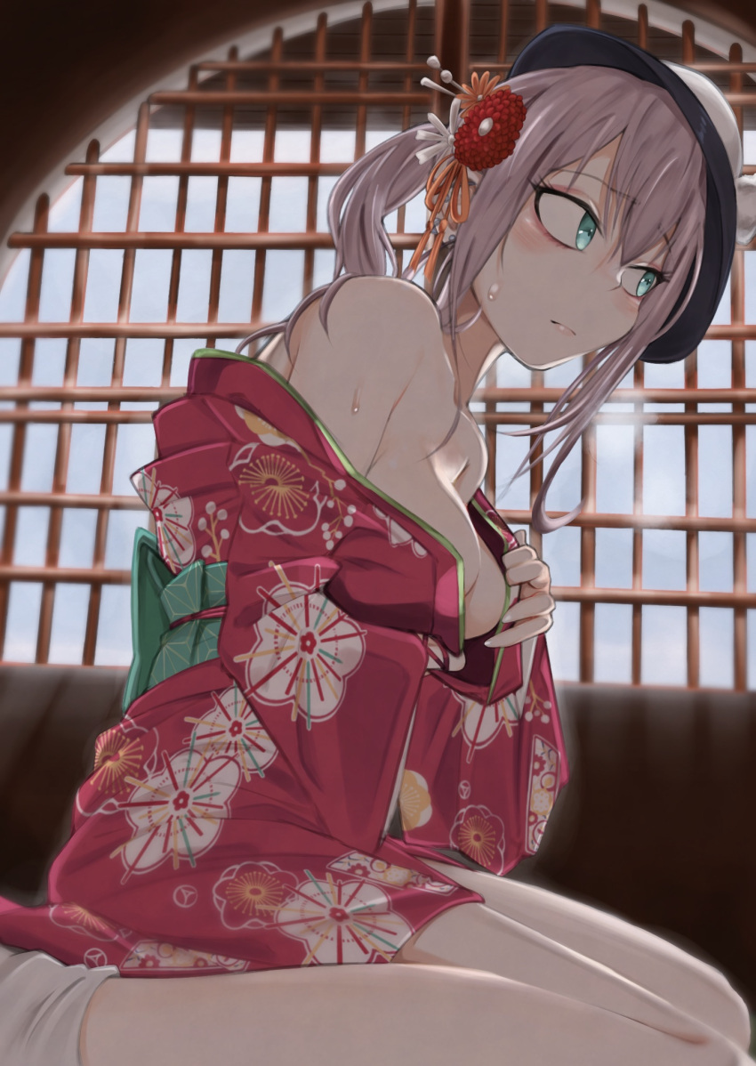 aqua_eyes ar-57_(girls'_frontline) ar-57_(with_the_three_friends_of_winter)_(girls'_frontline) bare_shoulders blush breasts cleavage closed_mouth female girls'_frontline hair_ribbon highres japanese_clothes kimono kimono_pull kuzumotsu lips long_hair looking_away medium_breasts official_alternate_costume on_floor pink_hair ribbon side_ponytail socks solo sweatdrop white_headwear