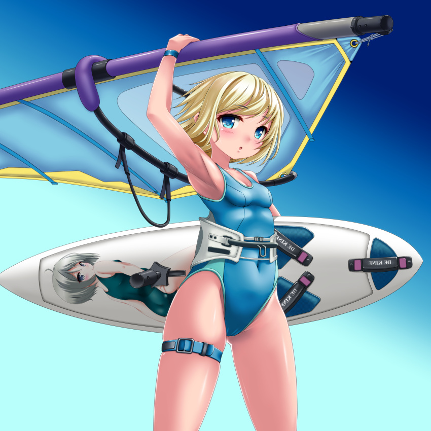 :o arm_up armpits ass_visible_through_thighs bare_arms bare_shoulders blonde_hair blue_background blue_eyes blue_one-piece_swimsuit blush breasts casual_one-piece_swimsuit commentary_request covered_navel female gradient_background grey_hair highres kaze_makase one-piece_swimsuit original parted_lips small_breasts solo surfboard swimsuit