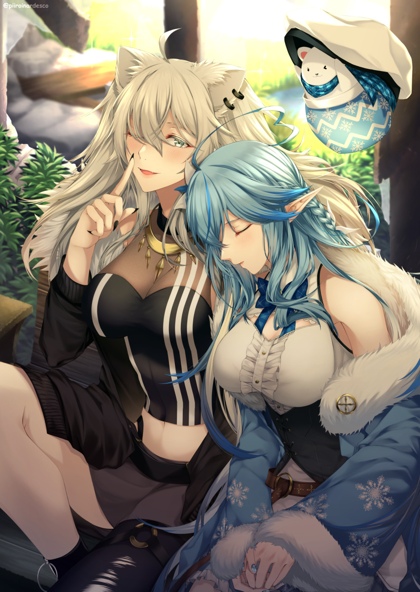 2girls black_nails blue_hair breasts cleavage closed_eyes commentary daifuku_(yukihana_lamy) elf english_commentary finger_to_mouth fur_trim grey_hair hair_over_one_eye highres hololive long_hair long_pointy_ears looking_at_viewer medium_breasts multiple_girls navel off_shoulder one_eye_covered open_mouth pointy_ears see-through see-through_cleavage shishiro_botan shishiro_botan_(1st_costume) sieka_(piiroinardesco) virtual_youtuber yukihana_lamy yukihana_lamy_(1st_costume)