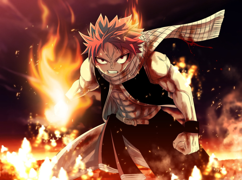 1boy abs angry artist_request belt black_background black_vest black_wristband blood blood_on_clothes blood_on_face brown_eyes clenched_hands clenched_teeth fairy_tail fire forehead highres looking_at_viewer muscular muscular_male natsu_dragneel pants pink_hair scarf sleeveless solo spiked_hair teeth third-party_source v-shaped_eyebrows v-shaped_eyes veins veiny_arms vest white_pants