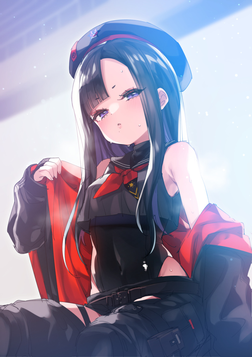 beret black_hat black_jacket black_leotard black_pants black_sailor_collar breasts chaps covered_navel eunhwa_(nikke) female fummy goddess_of_victory:_nikke hat highres jacket leotard long_hair looking_at_viewer medium_breasts open_clothes open_jacket pants parted_lips purple_eyes red_ribbon removing_jacket ribbon sailor_collar sitting solo sweat