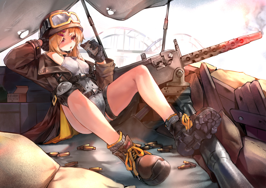 absurdres arm_support black_jacket blonde_hair boots bridge brown_jacket browning_m1919 chadlink chinese_commentary chocolate combat_helmet commentary_request commission cross-laced_footwear english_commentary female food girls'_frontline goggles goggles_on_headwear grey_leotard grey_socks gun hair_ornament hairpin helmet highres holding holding_chocolate holding_food jacket leotard m1919a4_(girls'_frontline) m1919a4_(mod3)_(girls'_frontline) machine_gun mixed-language_commentary multiple_hairpins open_mouth red_eyes sandbag second-party_source sitting smoke smoking_barrel socks solo teeth tripod upper_teeth_only weapon