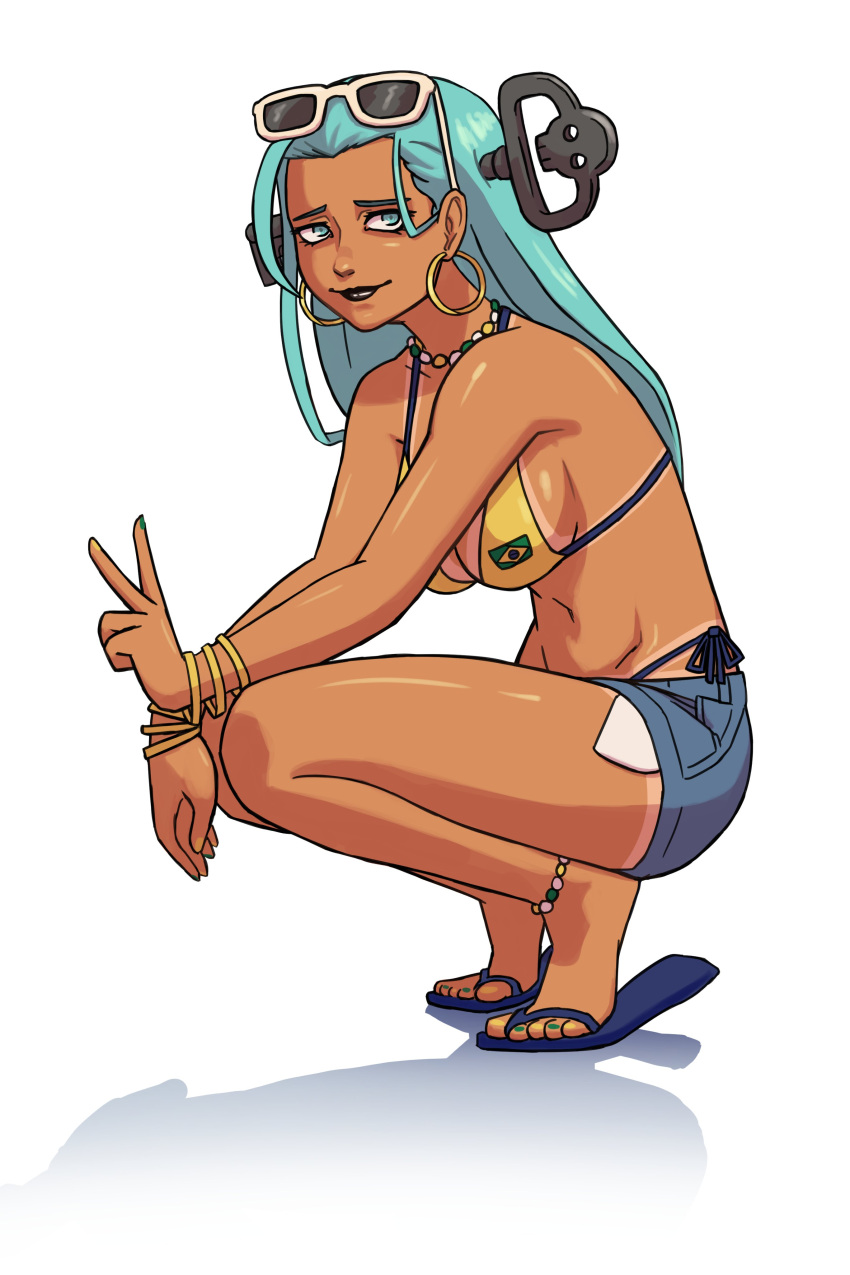 a.b.a absurdres bags_under_eyes bead_choker bikini brazilian_miku choker cosplay female guilty_gear guilty_gear_strive hatsune_miku highres key_in_head looking_at_viewer moodypresence object_through_head shorts smile solo sunglasses swimsuit tan vocaloid