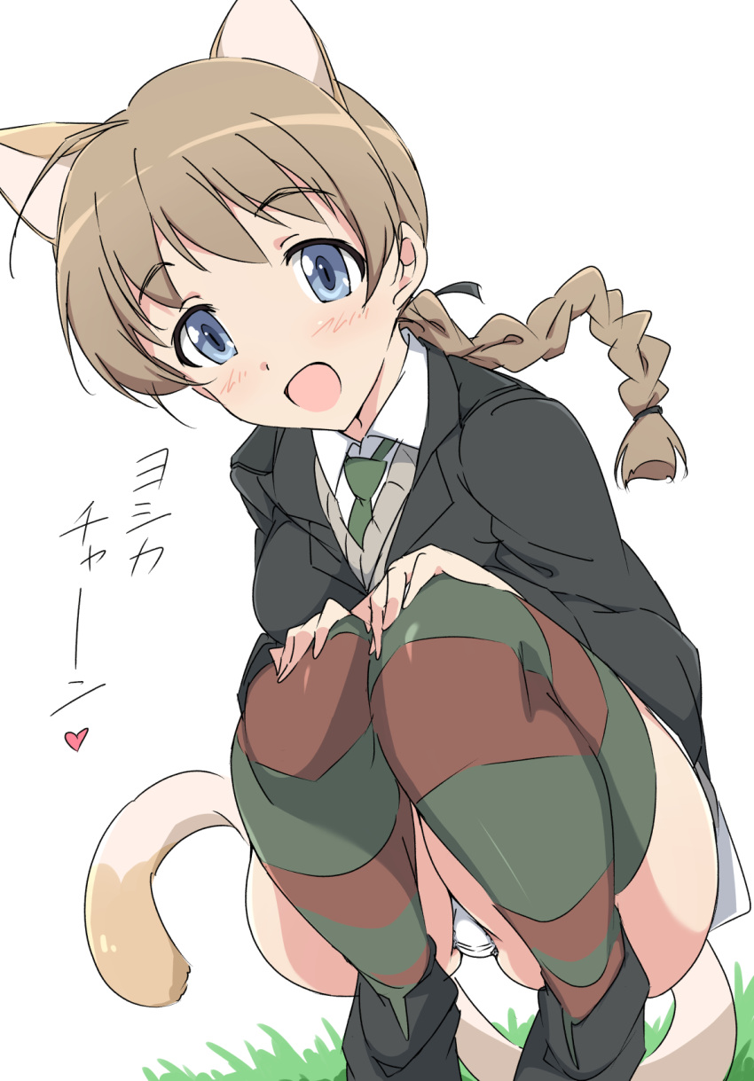 :d animal_ears black_footwear blue_eyes blush braid braided_ponytail brown_hair cat_ears cat_tail female highres long_hair looking_at_viewer lynette_bishop panties shoes smile solo strike_witches striped_clothes striped_thighhighs tail thighhighs thighs umanosuke underwear white_panties world_witches_series