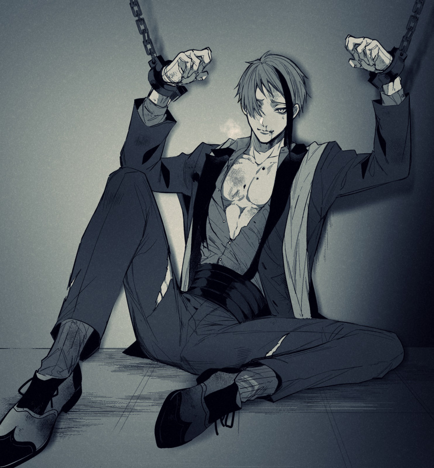 1boy bleeding blood blood_from_mouth bruise bruise_on_chest bruise_on_face cuffs full_body grey_background greyscale hair_over_one_eye heavy_breathing highres indoors injury jade_leech knee_up male_focus monochrome reverse_ryona shackles shinozaki_kyouko short_hair sitting smile solo suspenders twisted_wonderland unbuttoned