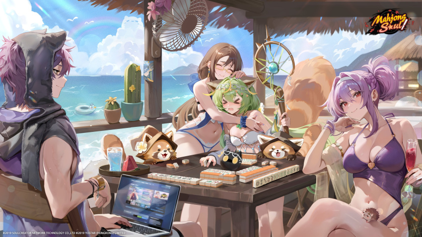 >_< 1boy 3girls absurdres alice_vu animal animal_ear_hood animal_ears beach bracelet braid breasts brown_hair cactus cleavage closed_eyes cloud computer crossed_legs cup earrings flower food fruit glasses green_hair hairband hedge highres holding holding_cup holding_staff hood inflatable_toy jewelry laptop large_breasts ling_(mahjong_soul) logo looking_at_viewer mahjong mahjong_soul mahjong_tile multiple_girls navel nikaidou_miki ocean official_art official_wallpaper open_mouth plant potted_plant purple_hair rainbow red_eyes red_panda sitting smile staff standing steam_(platform) tassel tassel_earrings terasaki_chihori watermelon white_flower white_hairband yuzu_(mahjong_soul)