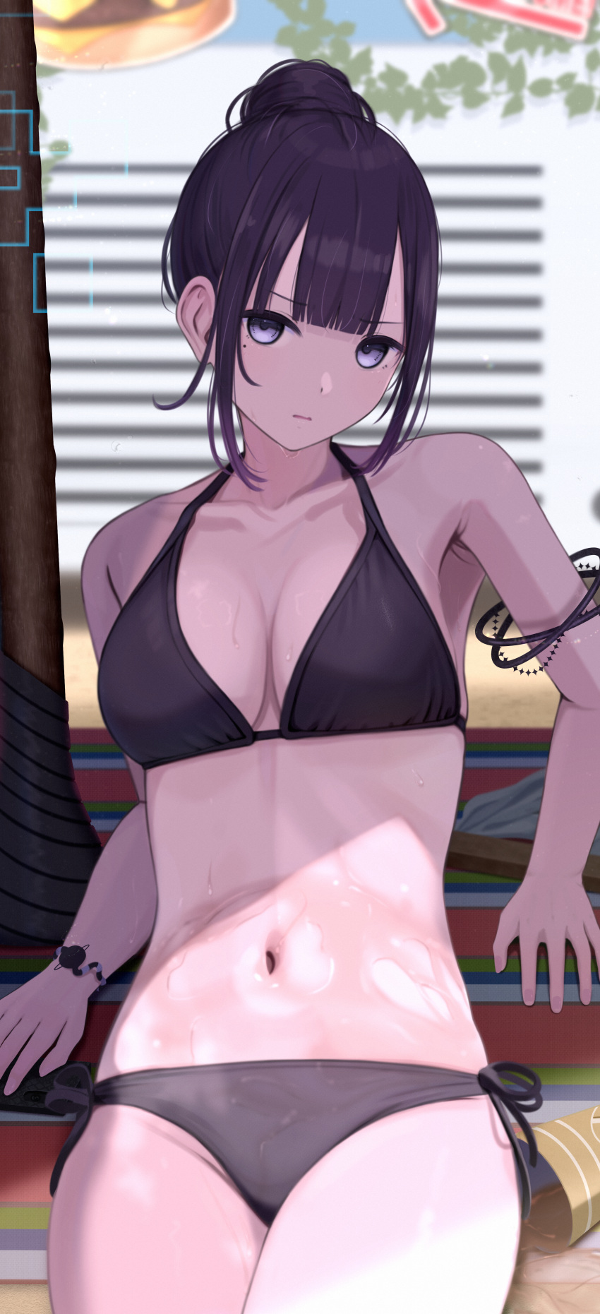 absurdres armlet beach_mat bikini black_bikini blunt_bangs blurry blurry_background bracelet breasts cleavage collarbone female hair_bun halterneck highres inaka_44 jewelry looking_at_viewer medium_breasts mole mole_under_eye navel original outdoors paid_reward_available parted_lips purple_eyes purple_hair side-tie_bikini_bottom sidelocks single_hair_bun solo sweat swimsuit